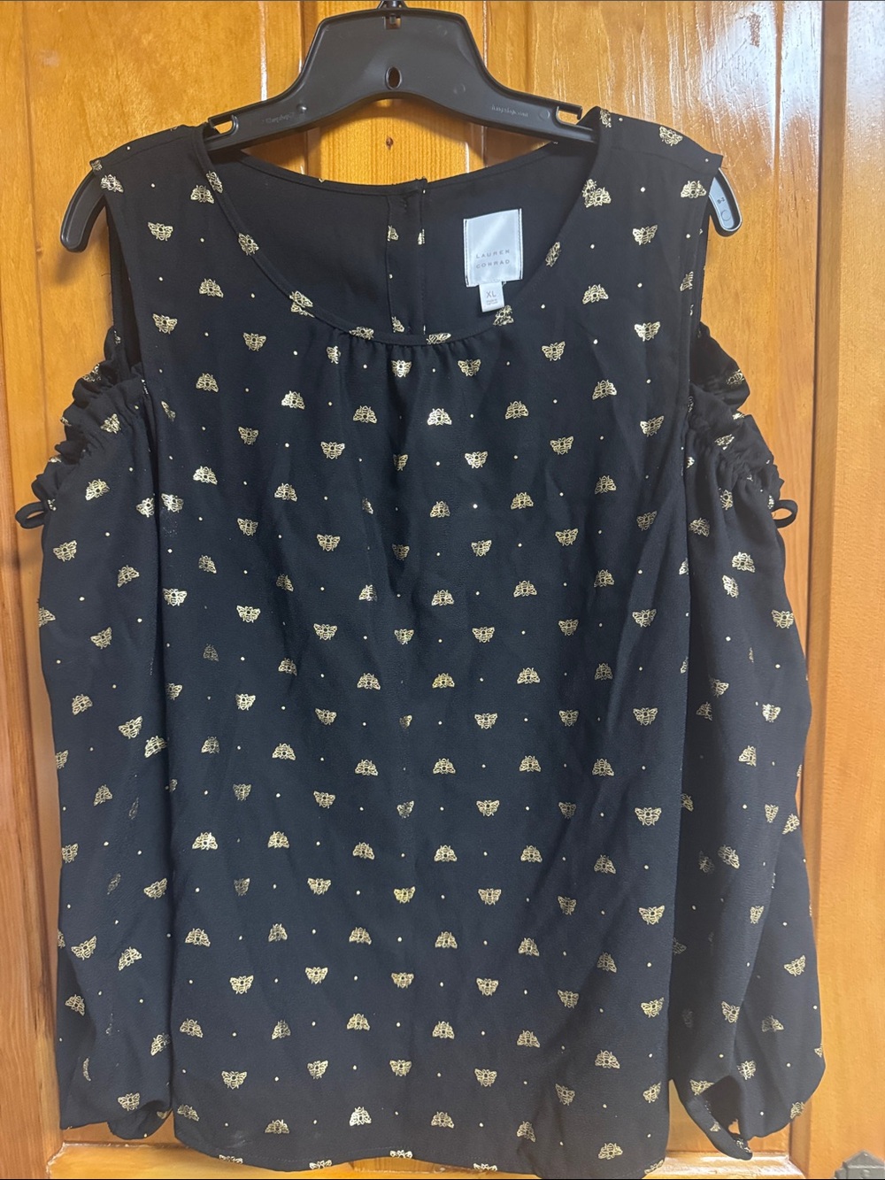 Lauren Conrad Black Cold-Shoulder Long Sleeve Top with Gold Metallic Motif